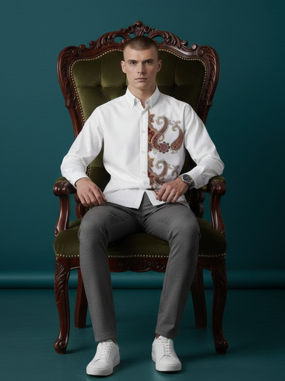 [DS-MGSP] Men's White Ethnic Printed Cotton Shirt