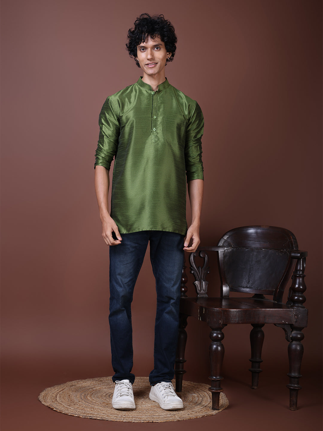 [DPS] Men's Green Solid Art Silk Short Kurta