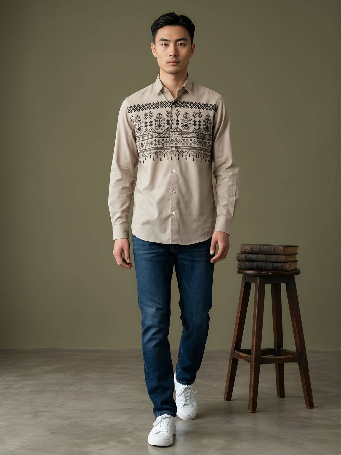 [DS-MGSP] Men's Beige Ethnic Printed Cotton Shirt