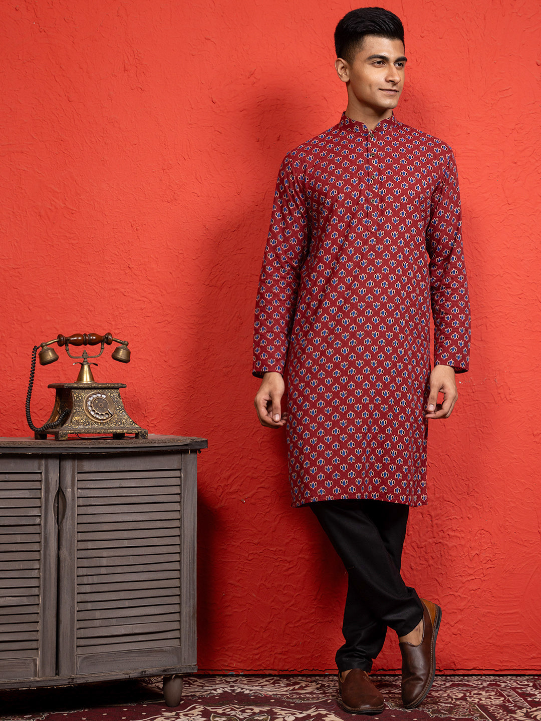 [RM] Men's Red Ajrakh Printed Pure Cotton Kurta Set