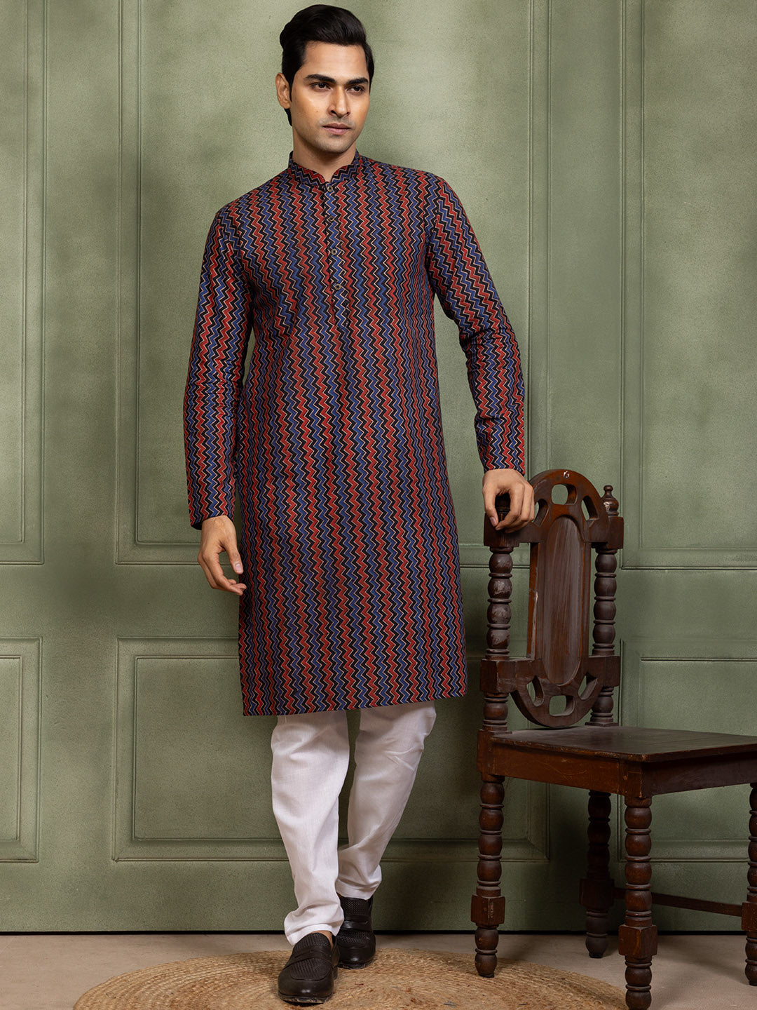 [RM] Men's Multicolor Ajrakh Printed Pure Cotton Kurta Set
