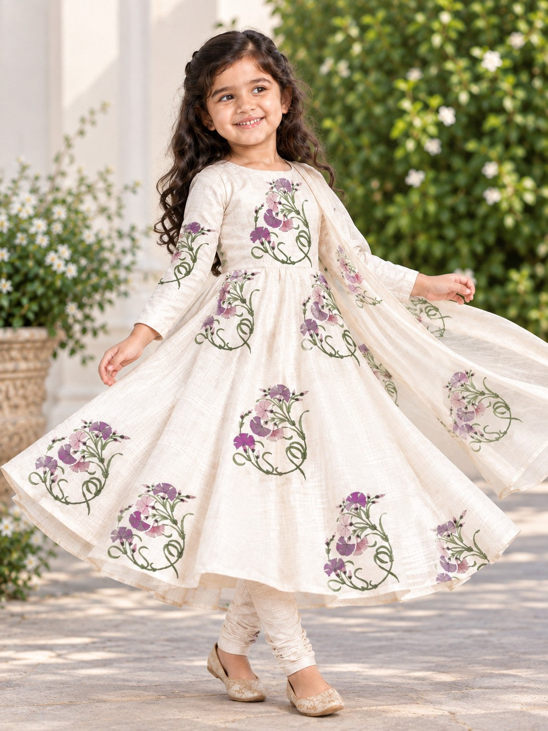 Girls' Off-White Art Silk Kurti and Churidar Pant Set – Printed