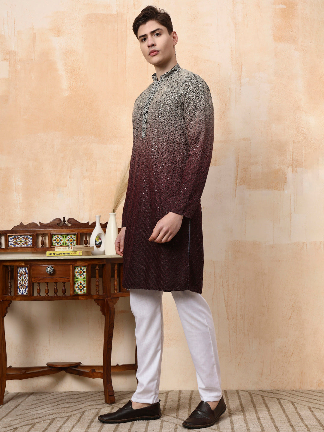 [BR] Men's Ombre Embellished Viscose Rayon Kurta Set