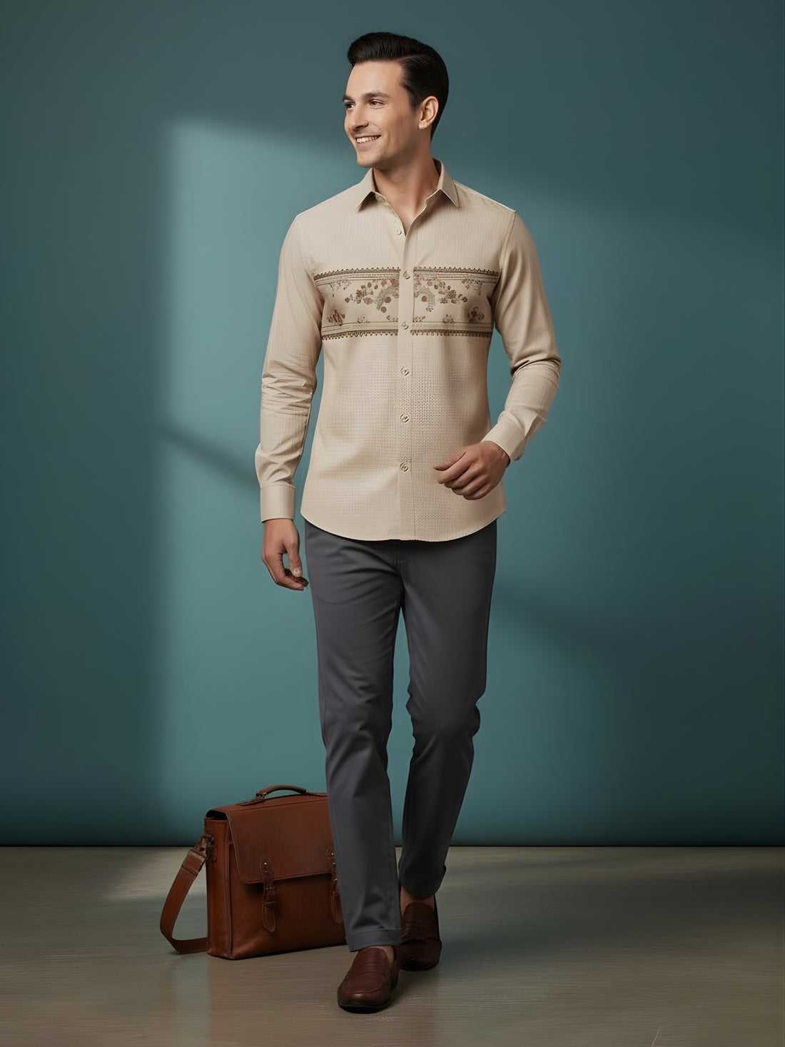 [DS-MGSP] Men's Beige Ethnic Printed Cotton Shirt