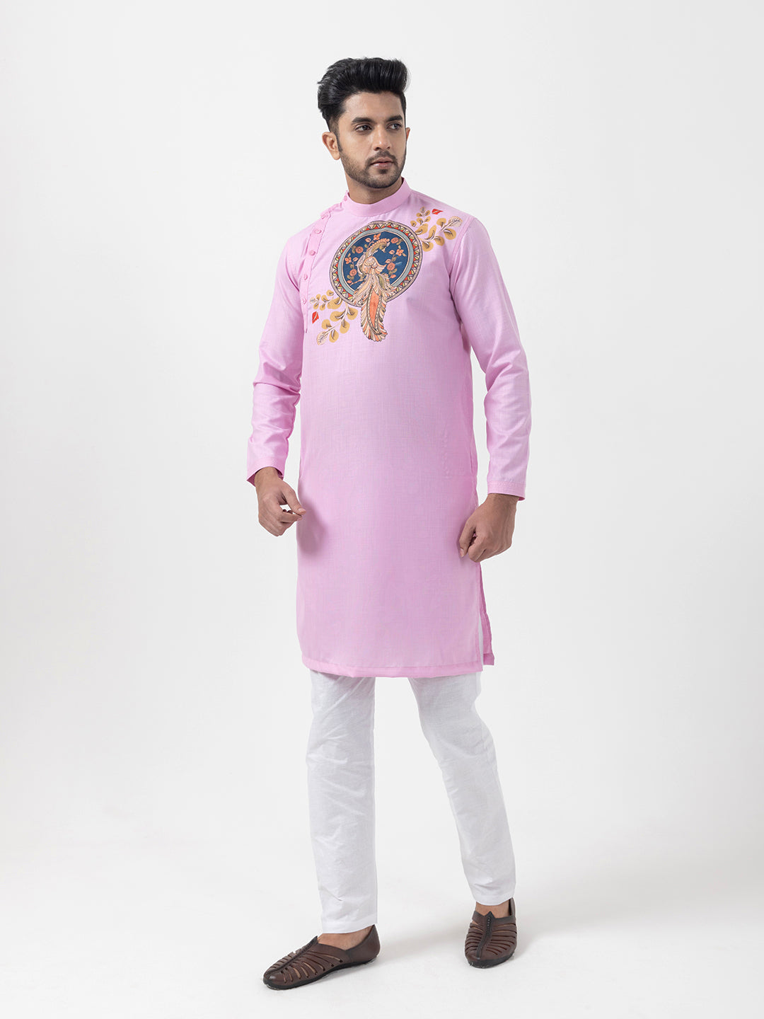 Men's Pink Cotton Kurta Set – Ethnic Print & Side Placket