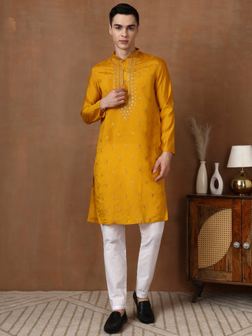 [MDE] Men's Mustard Mirror & Thread Work Modal Silk Kurta Set