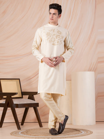 Mens Beige Side Placket Printed Kurta With Pyjama Set