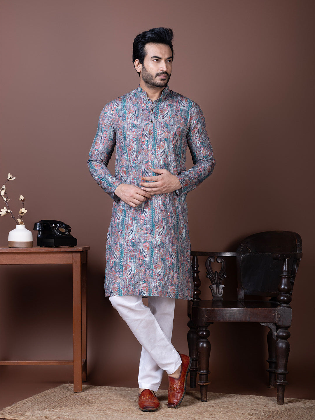 [KK-V1] Men's Purple Self Design Cotton Silk Kurta Set