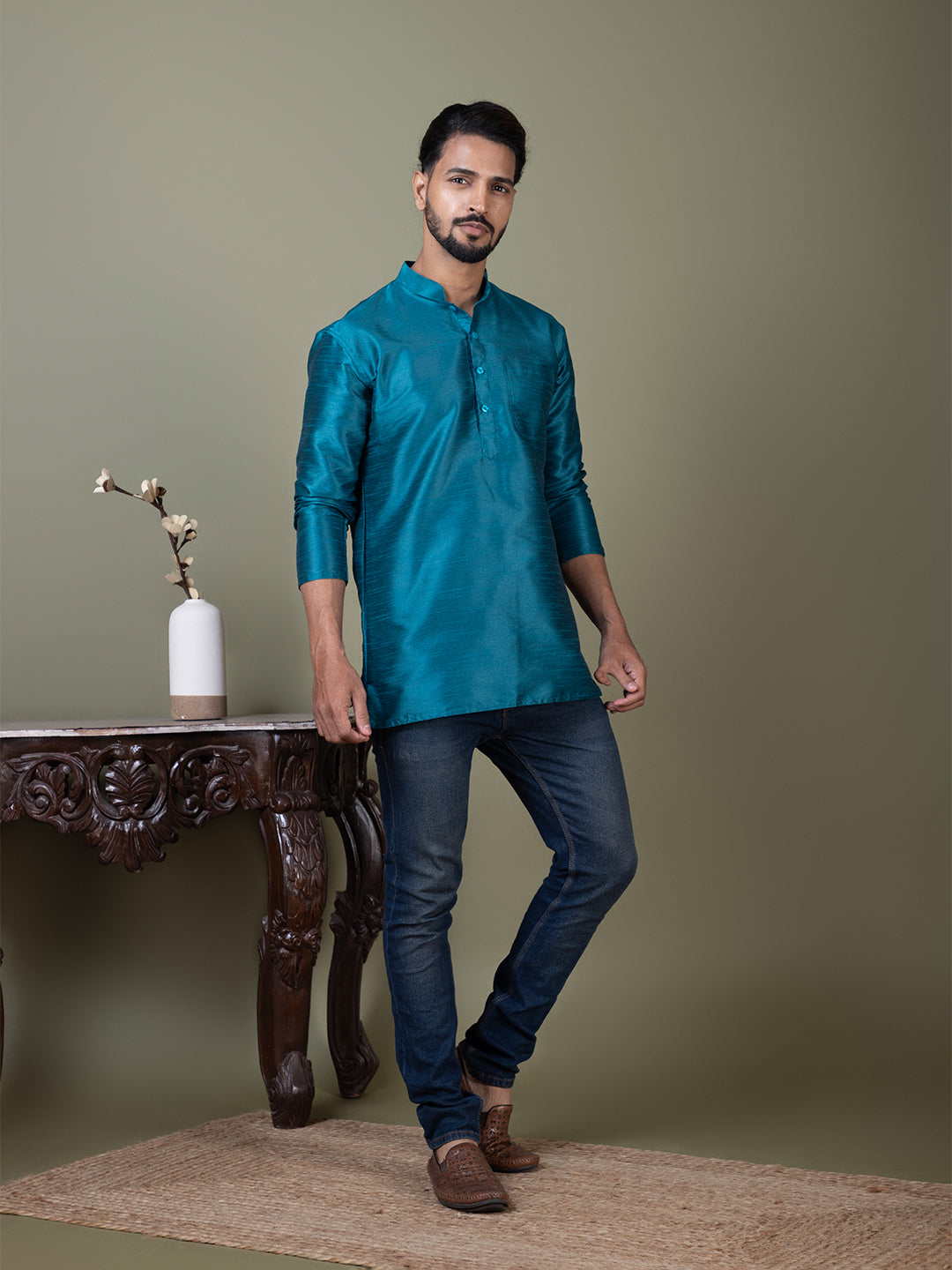 [DPS] Men's Blue Solid Art Silk Short Kurta