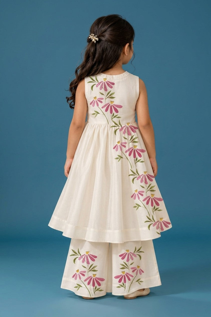 Girls' Off-White Art Silk Kurti Palazzo Set – Printed