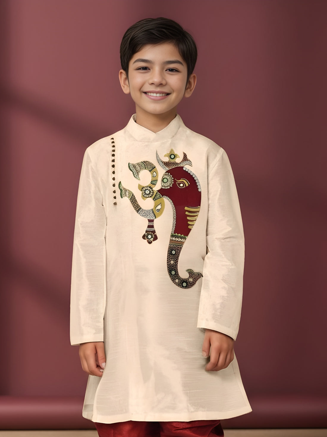 Boys' Beige Art Silk Kurta Set – Ethnic Print