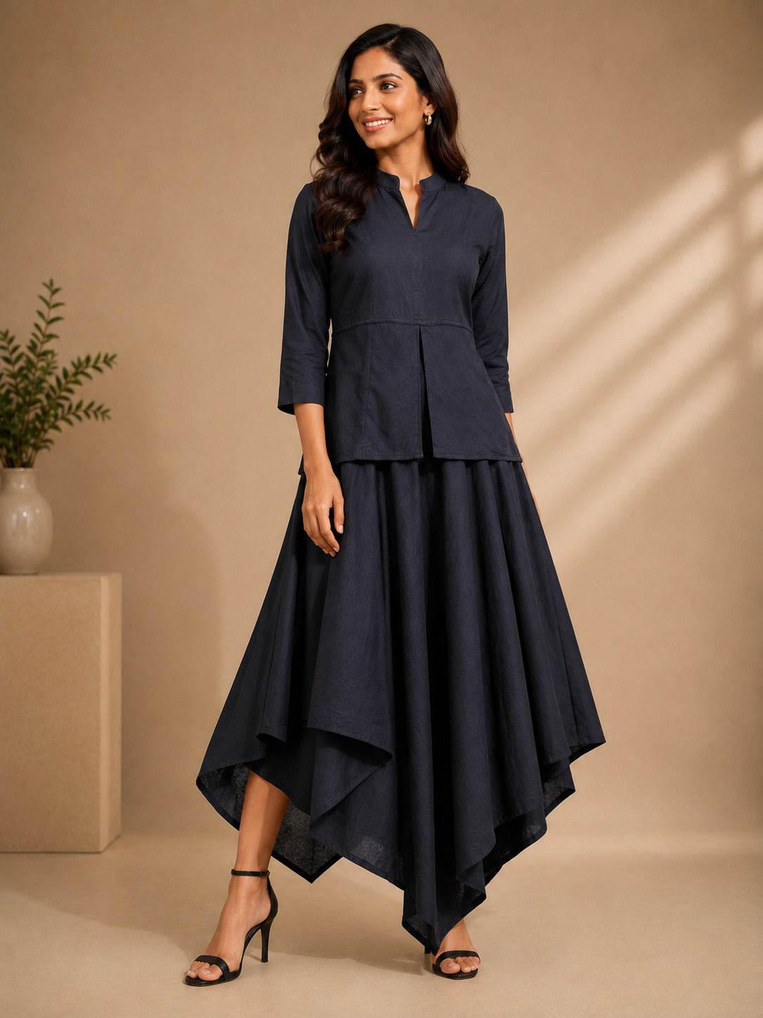 Women's Black Cotton Linen Dress – V-Neck