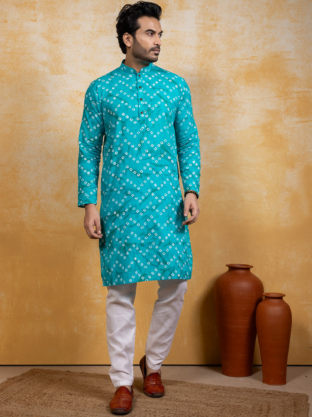 [RM] Men's Turquoise blue Bandhani Printed Pure Cotton Kurta Set