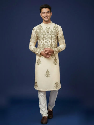 [MGSP-B] Men's Beige Ethnic Print Side Placket Cotton Kurta Set