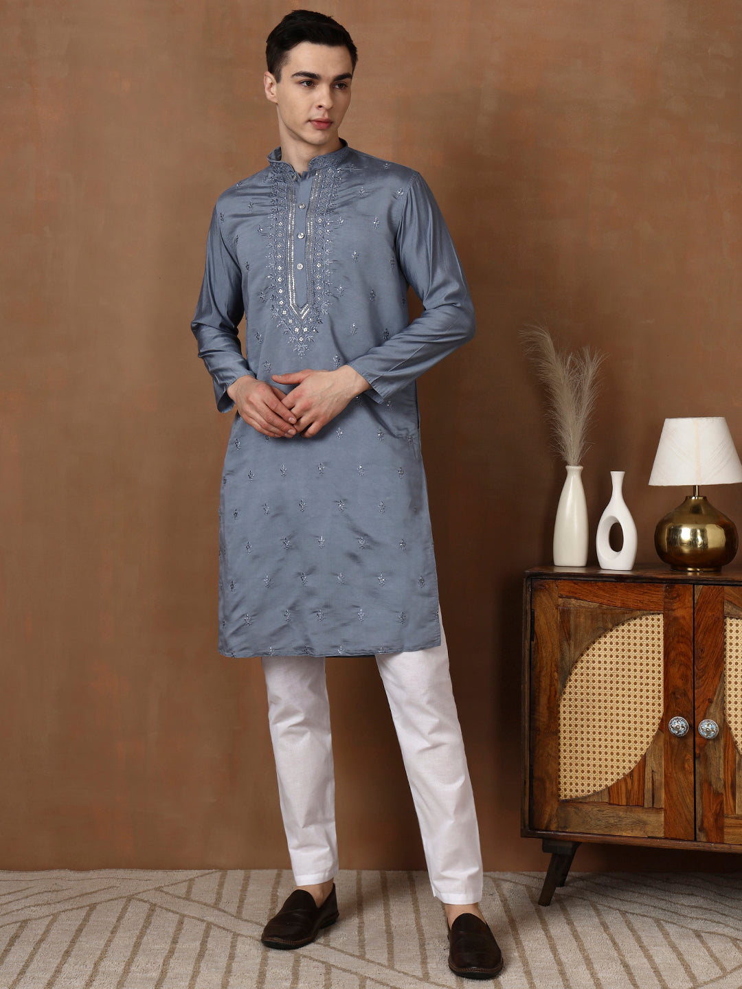 [MDE] Men's Gray Mirror & Thread Work Modal Silk Kurta Set