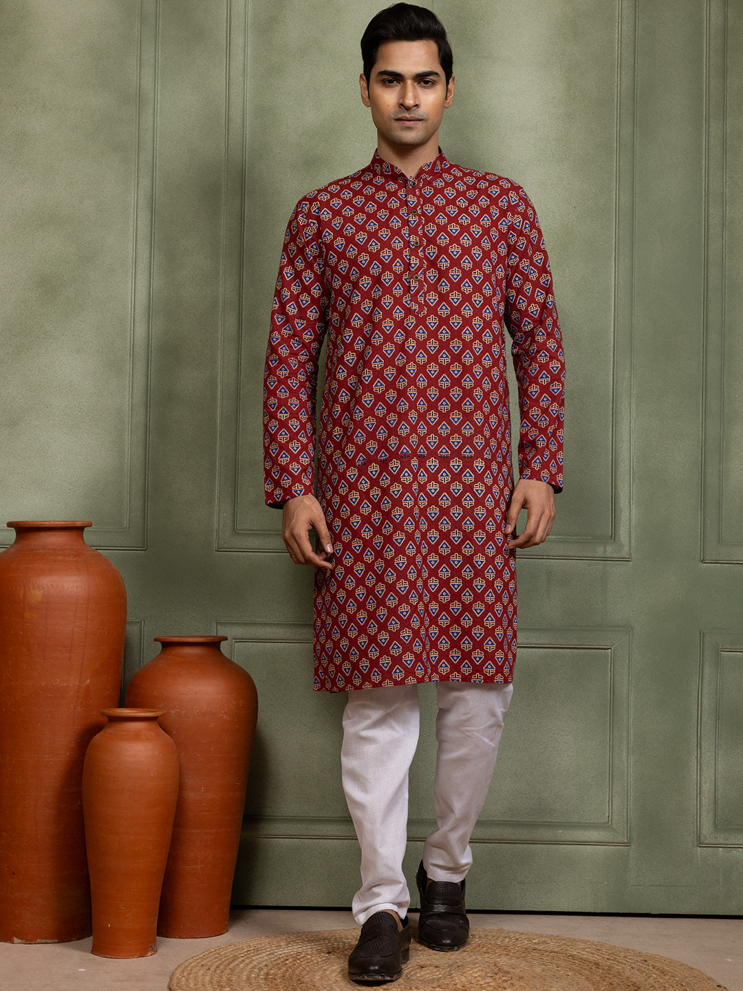 [RM] Men's Red Ajrakh Printed Pure Cotton Kurta Set