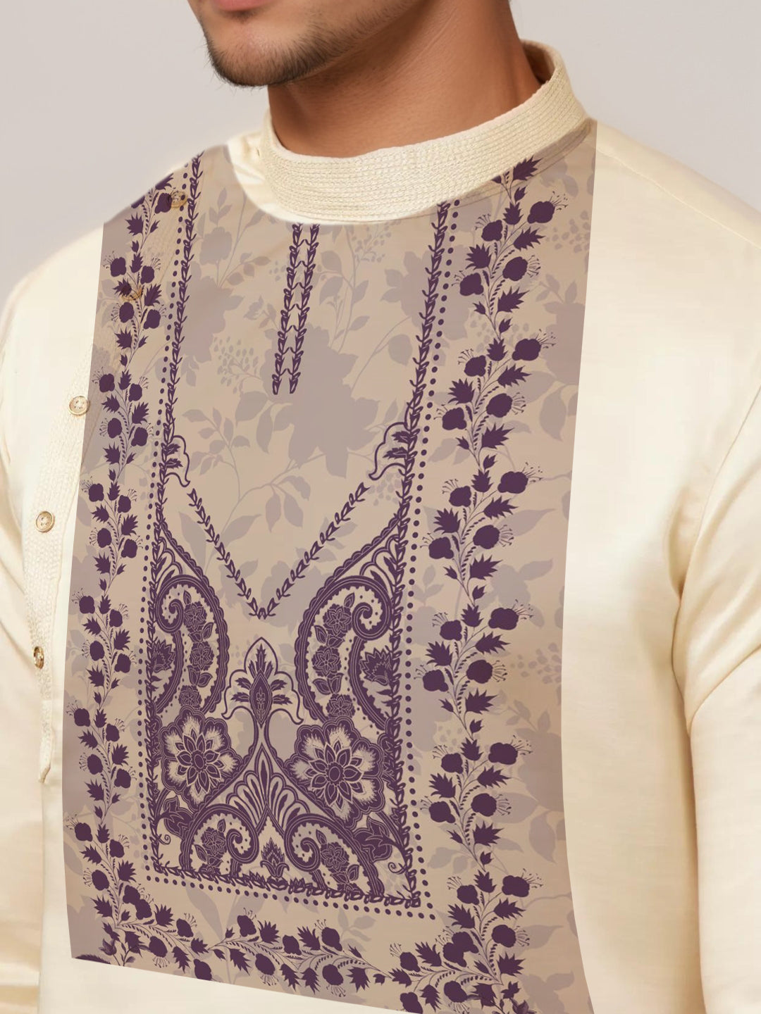 [MGSP-B] Men's Beige Ethnic Print Side Placket Cotton Kurta Set