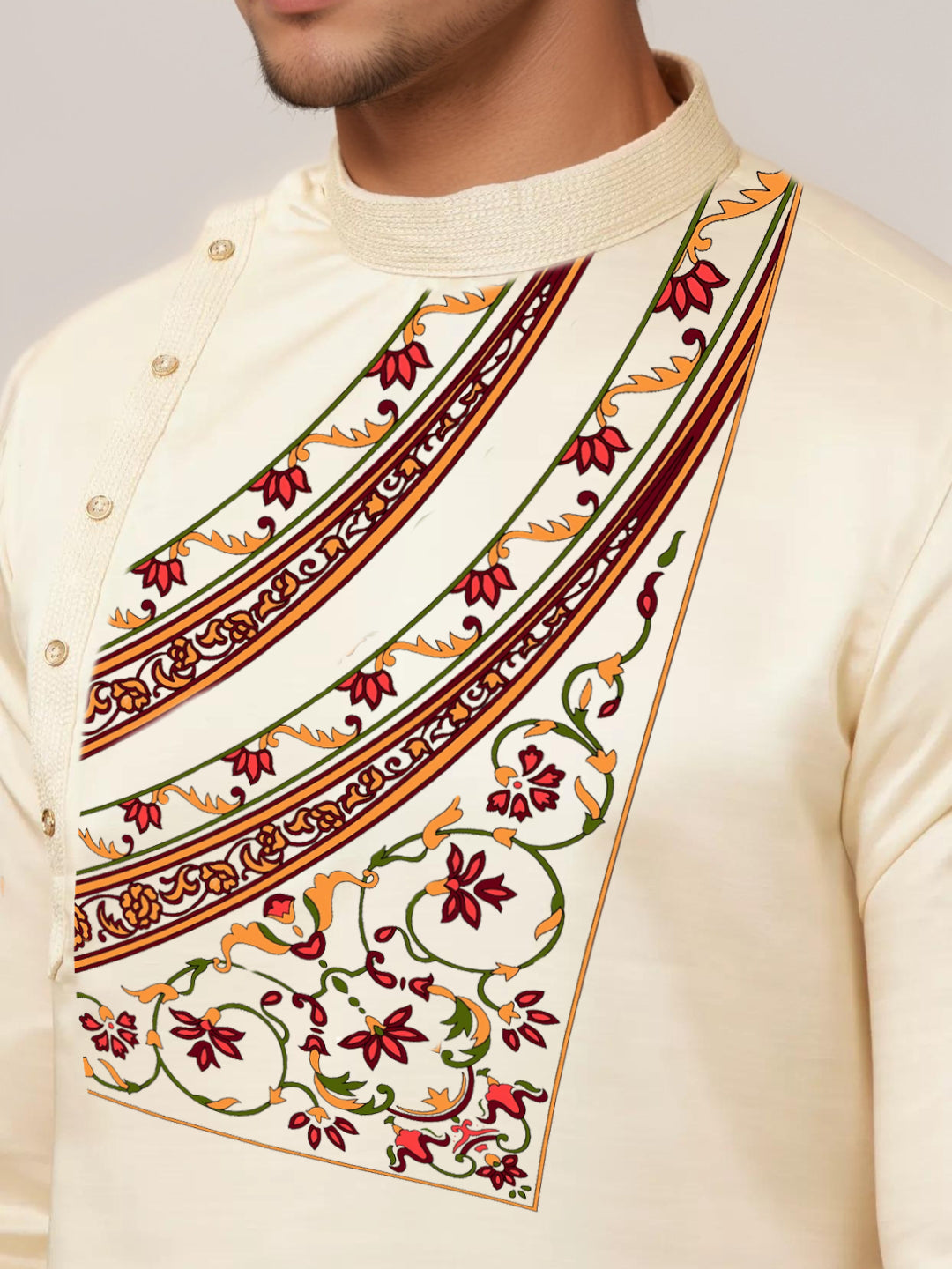 [MGSP-B] Men's Beige Ethnic Print Side Placket Cotton Kurta Set