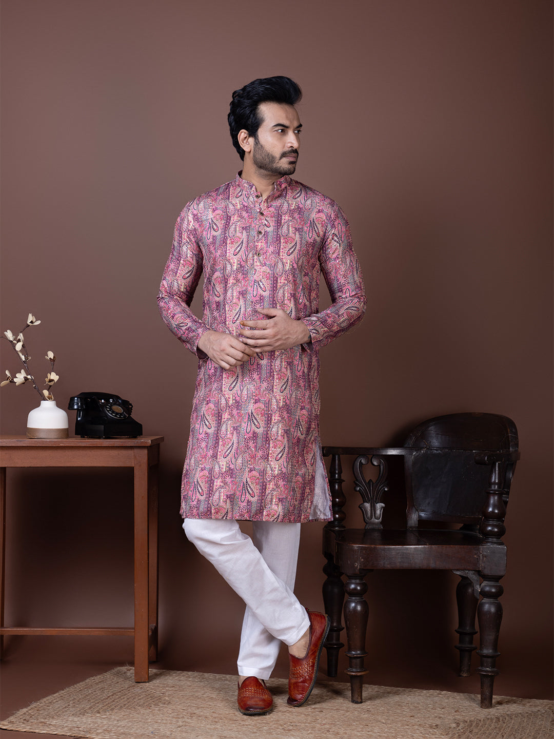 [KK-V1] Men's Purple Self Design Cotton Silk Kurta Set