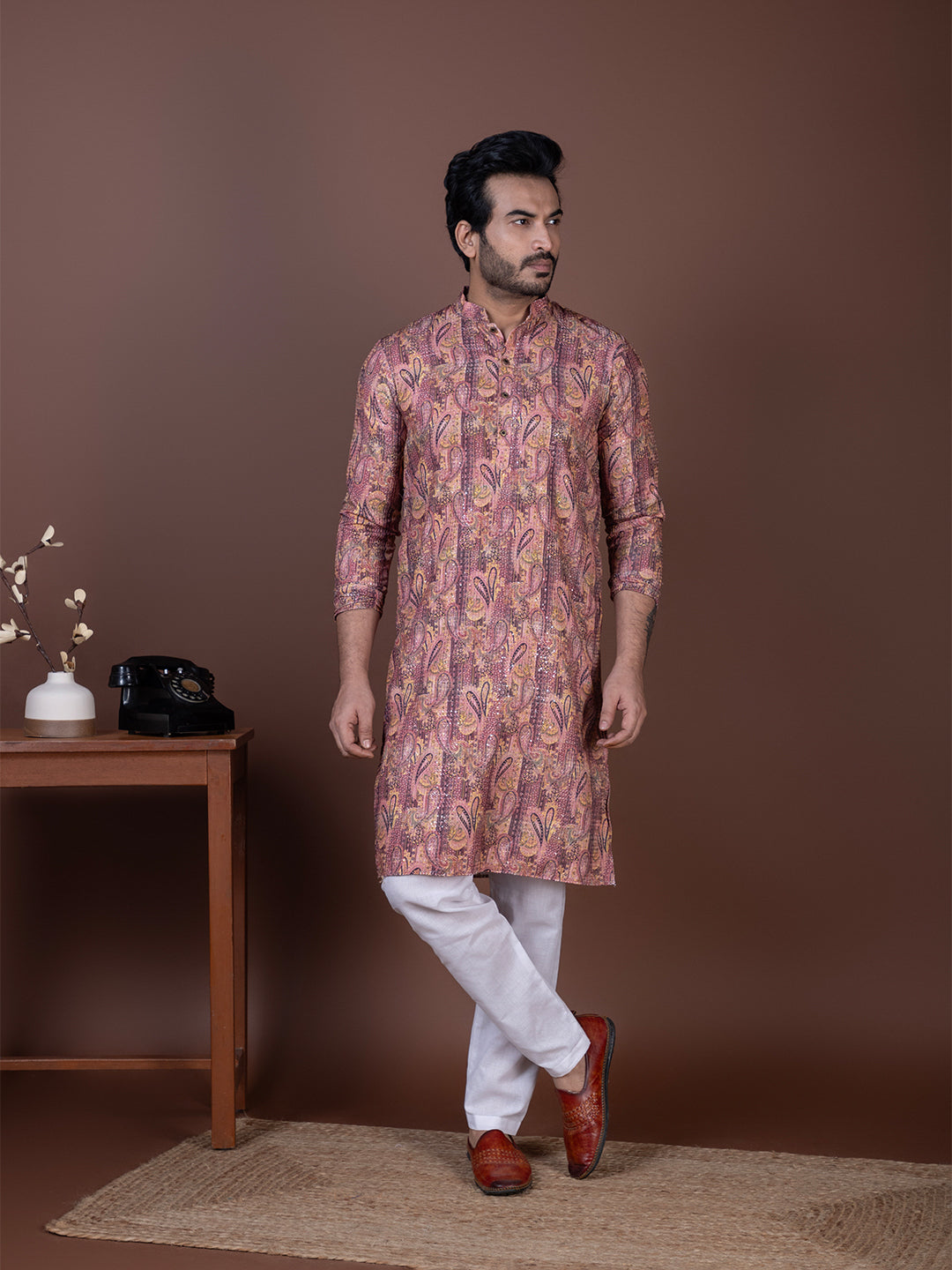 [KK-V1] Men's Coral Self Design Cotton Silk Kurta Set