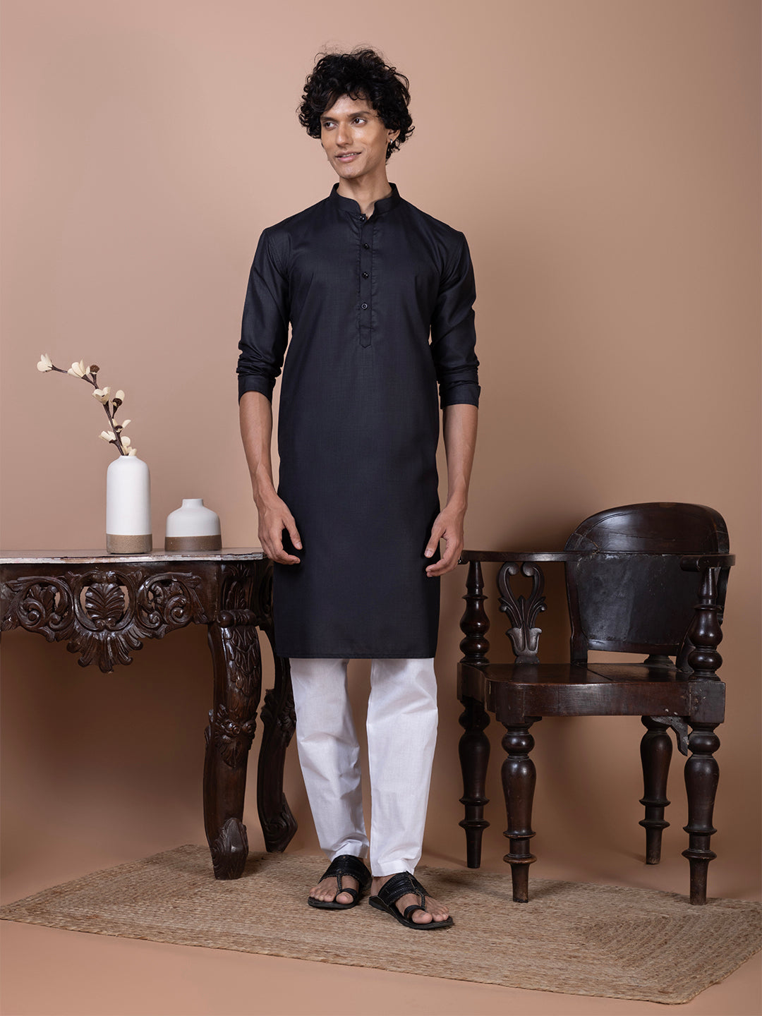 [MG] Men's Black Solid Cotton Kurta Set