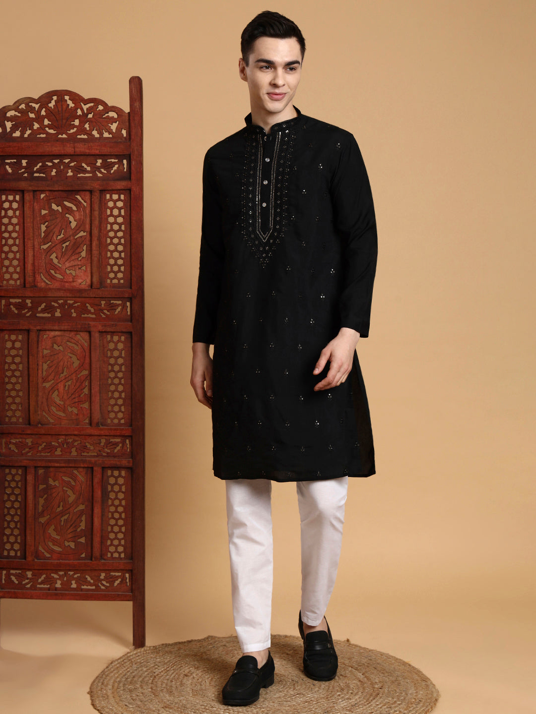 [MDE] Men's Black Mirror & Thread Work Modal Silk Kurta Set