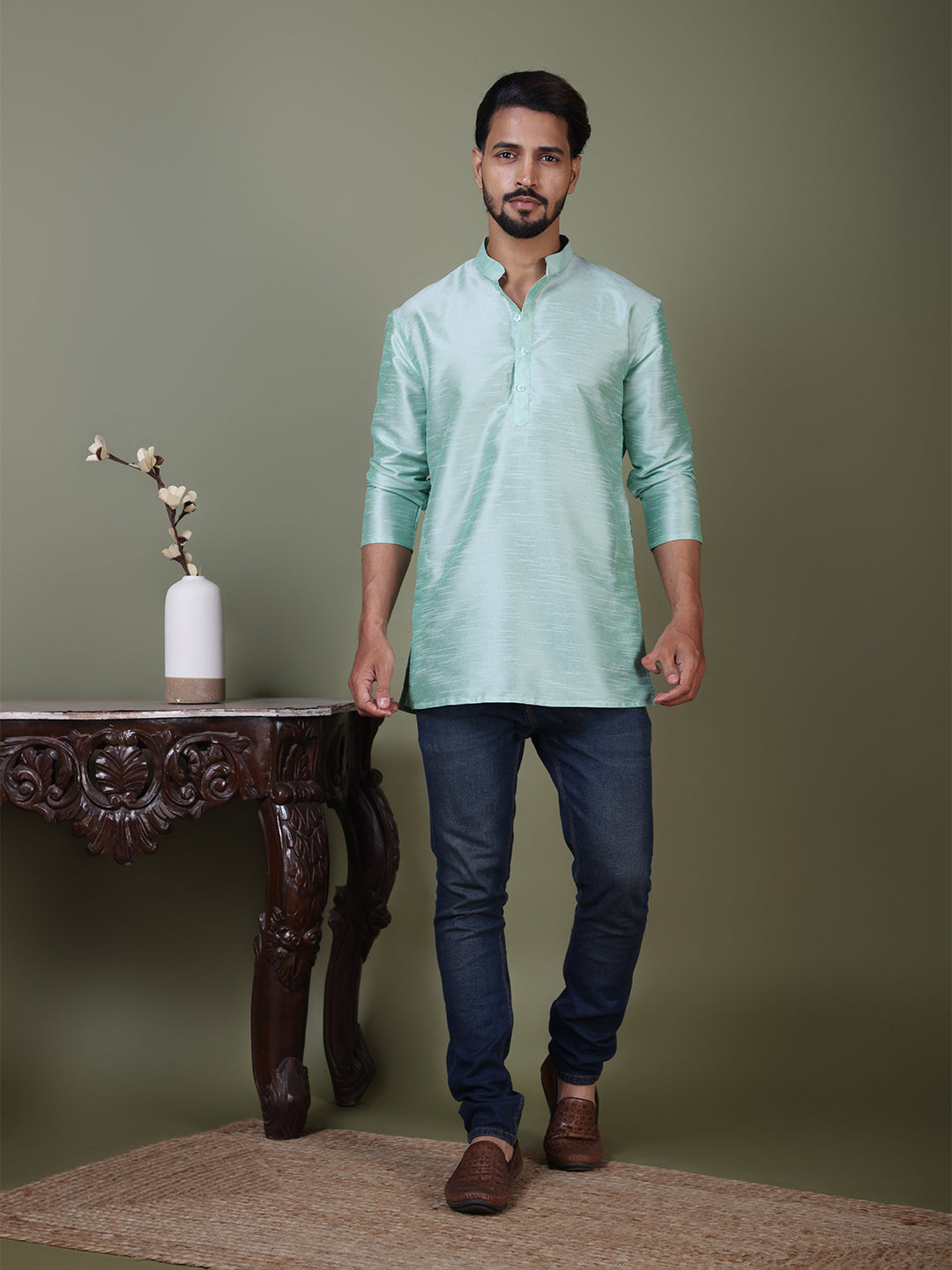 [DPS] Men's Blue Solid Art Silk Short Kurta