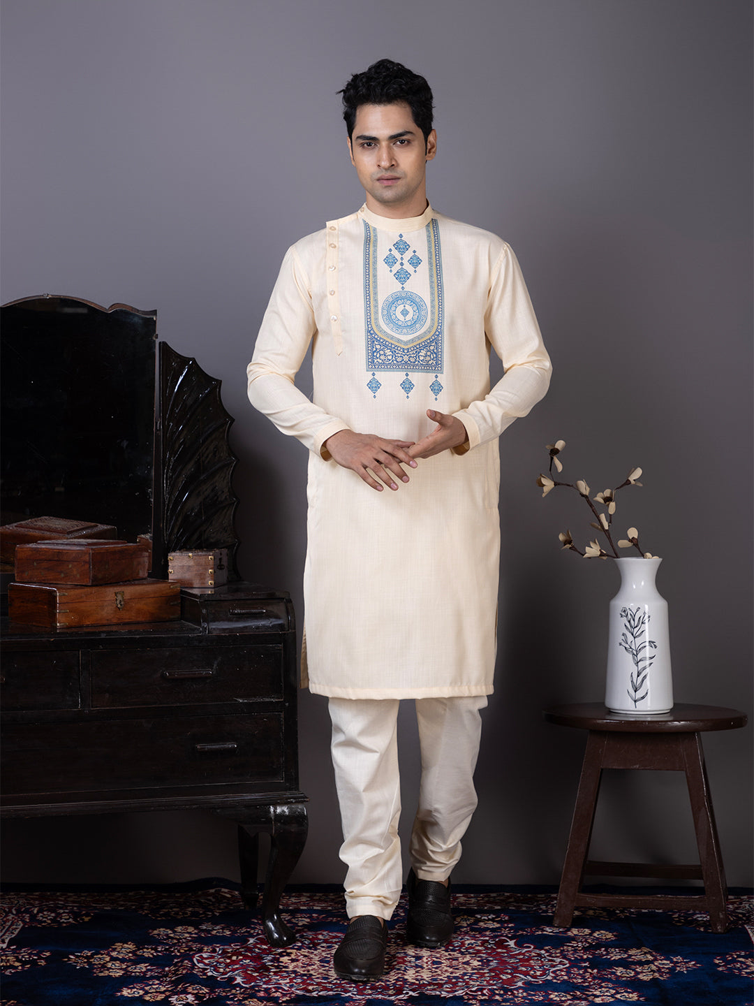 Men's Beige Cotton Kurta Set – Ethnic Print & Side Placket