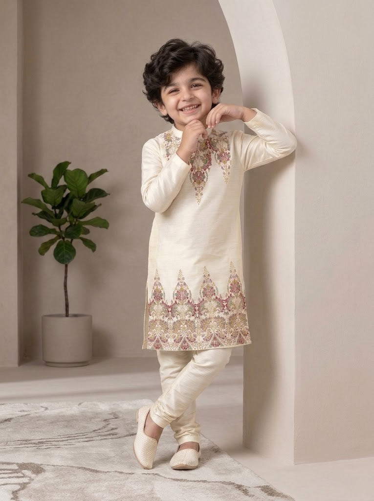 Boy's Off-White Art Silk Kurta Pyjama Set – Ethnic Print & Side Placket