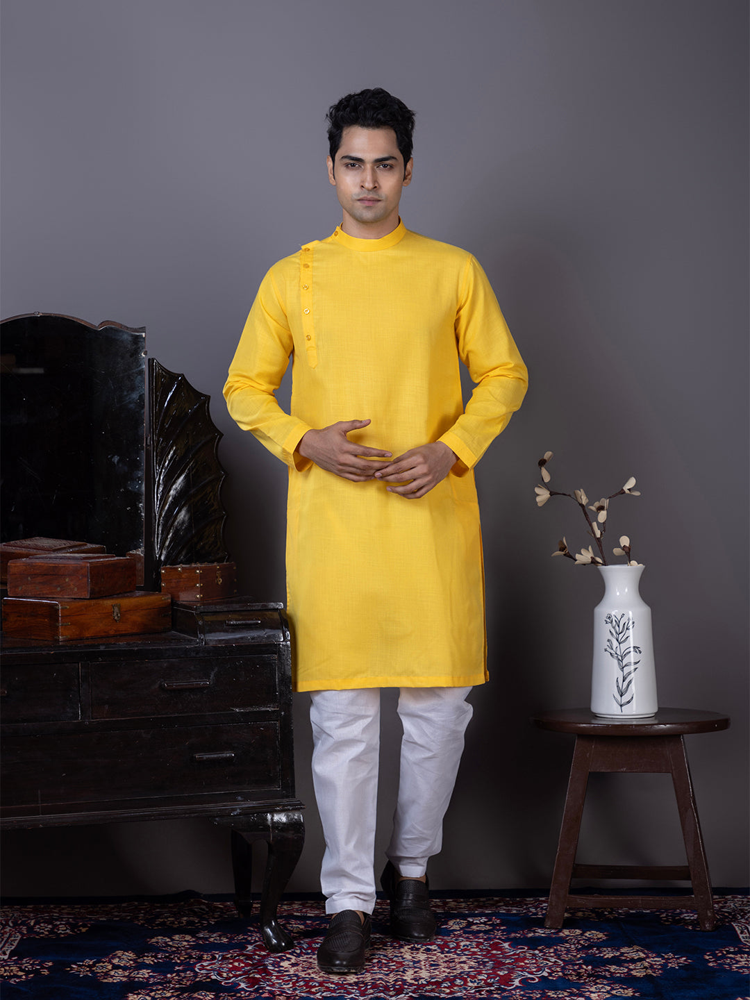 [MG-B] Men's Yellow Side Placket Cotton Kurta Set