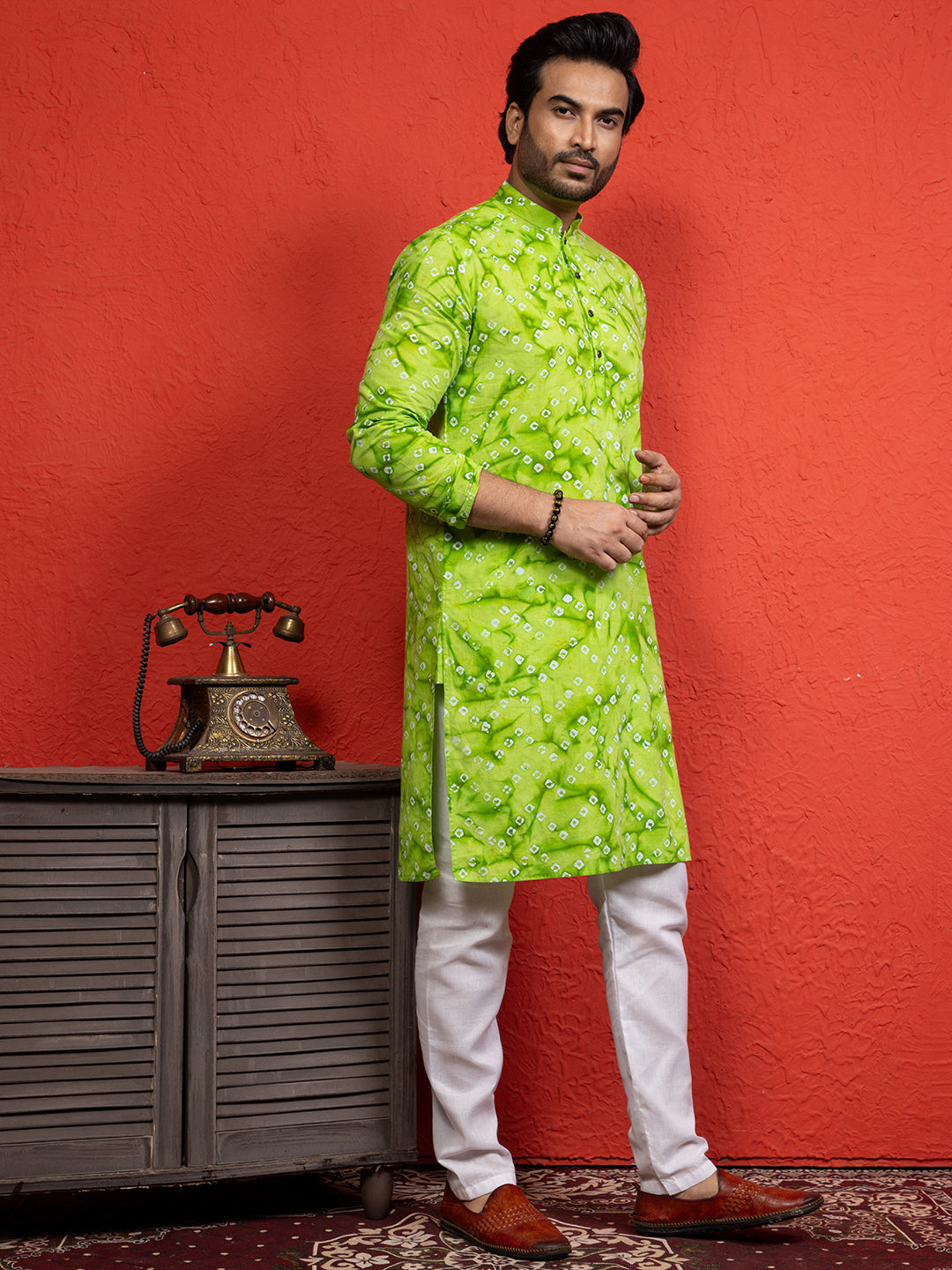 [RM] Men's Lime Green Bandhani Printed Pure Cotton Kurta Set