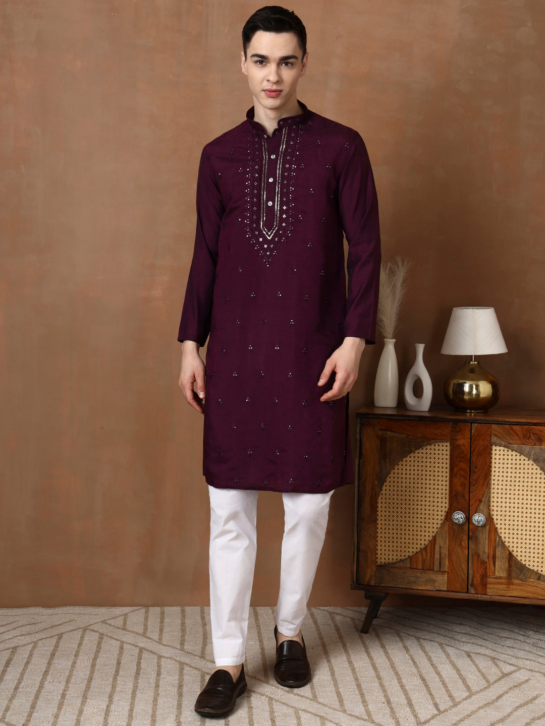 [MDE] Men's Purple Mirror & Thread Work Modal Silk Kurta Set