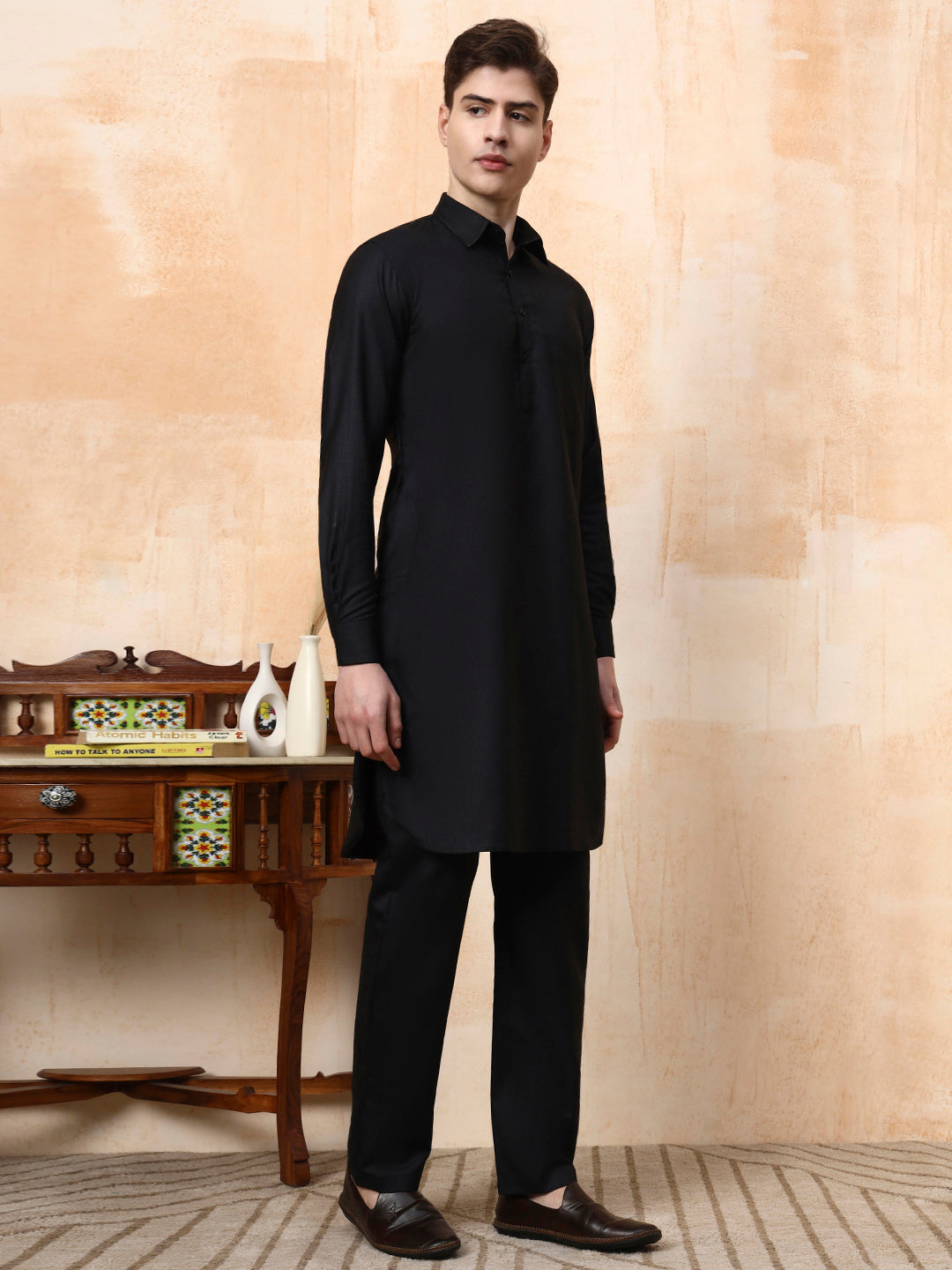 [MGPT] Men's Black Pathani Cotton Kurta Set