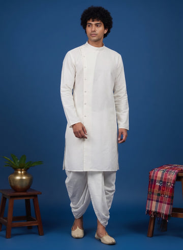 Men's White Cotton Kurta with Dhoti Set – Solid & Side Placket