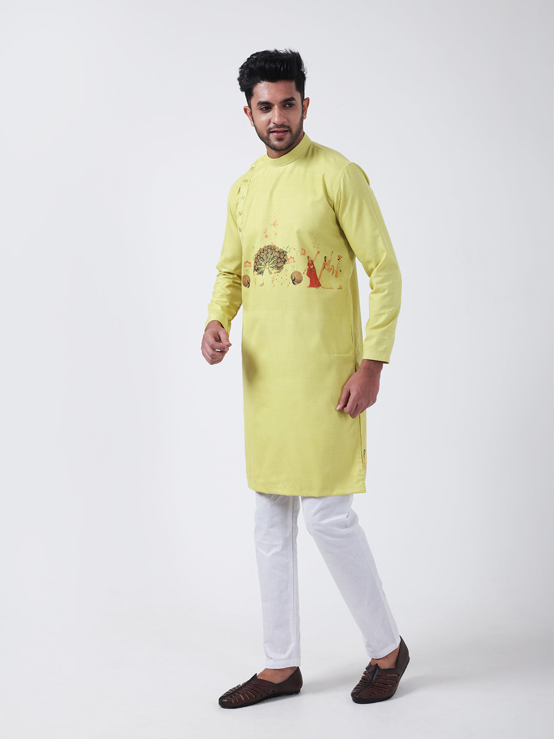 Men's Lime Green Cotton Kurta Set – Ethnic Print & Side Placket