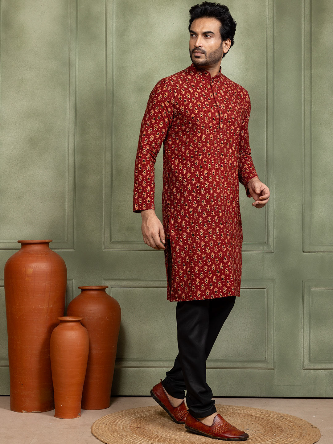 [RM] Men's Red Ajrakh Printed Pure Cotton Kurta Set