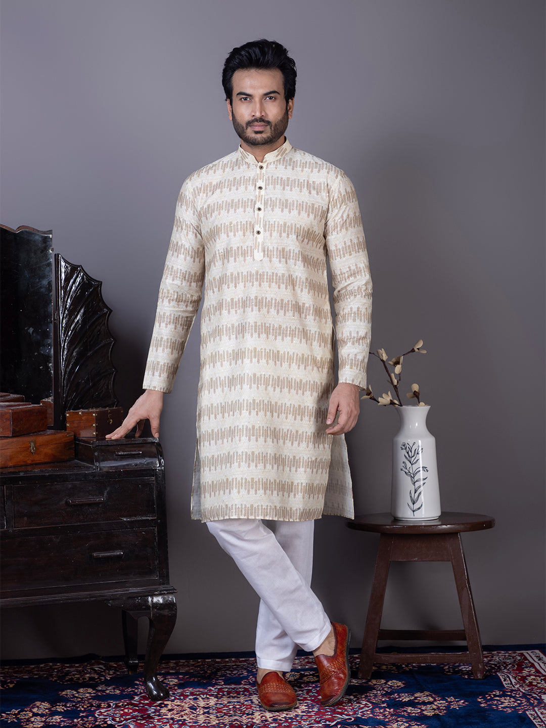 [SF] Men's Beige Printed with Sequins Work Cotton Kurta Set