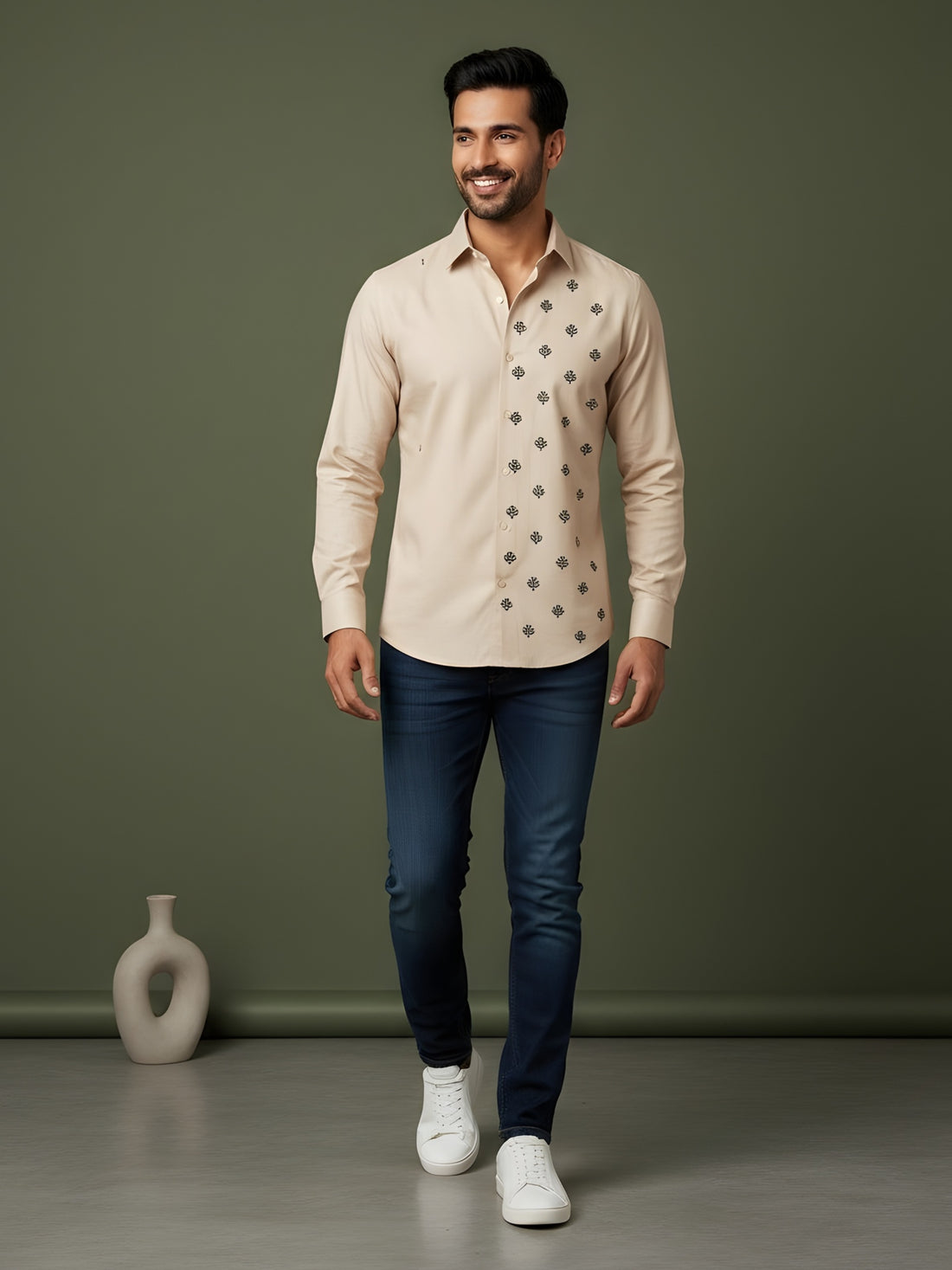 [DS-MGSP] Men's Beige Ethnic Printed Cotton Shirt