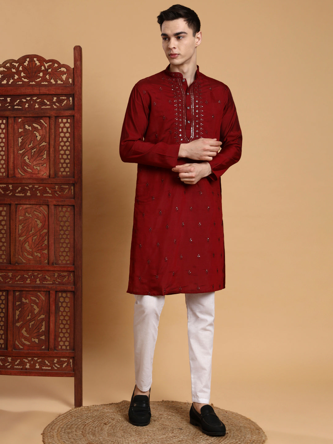[MDE] Men's Maroon Mirror & Thread Work Modal Silk Kurta Set