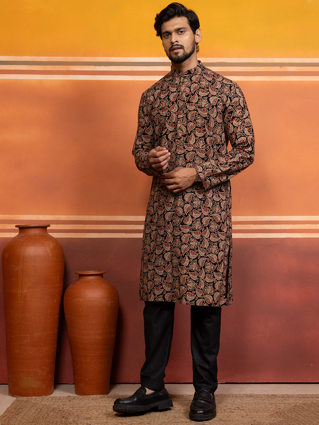 [RM] Men's Black Ajrakh Printed Pure Cotton Kurta Set