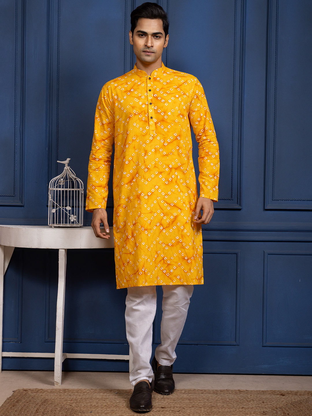 [RM] Men's Yellow Bandhani Printed Pure Cotton Kurta Set