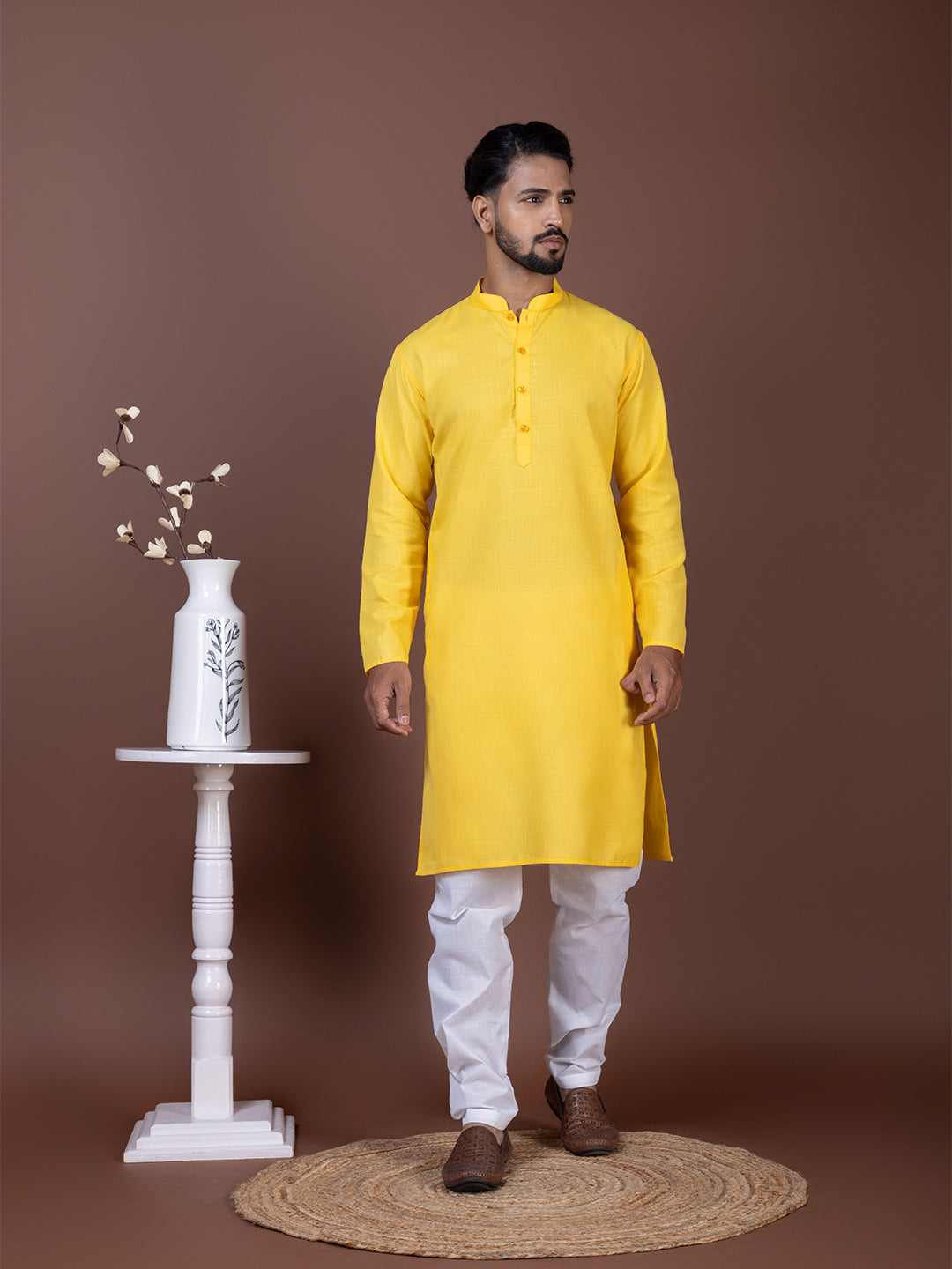 [MG] Men's Yellow Solid Cotton Kurta Set