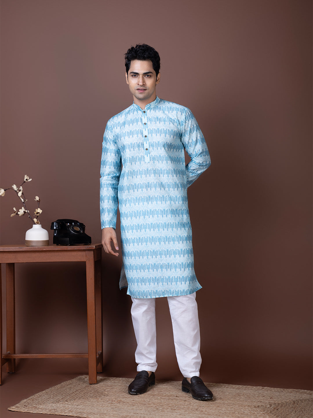 [SF] Men's Blue Printed with Sequins Work Cotton Kurta Set