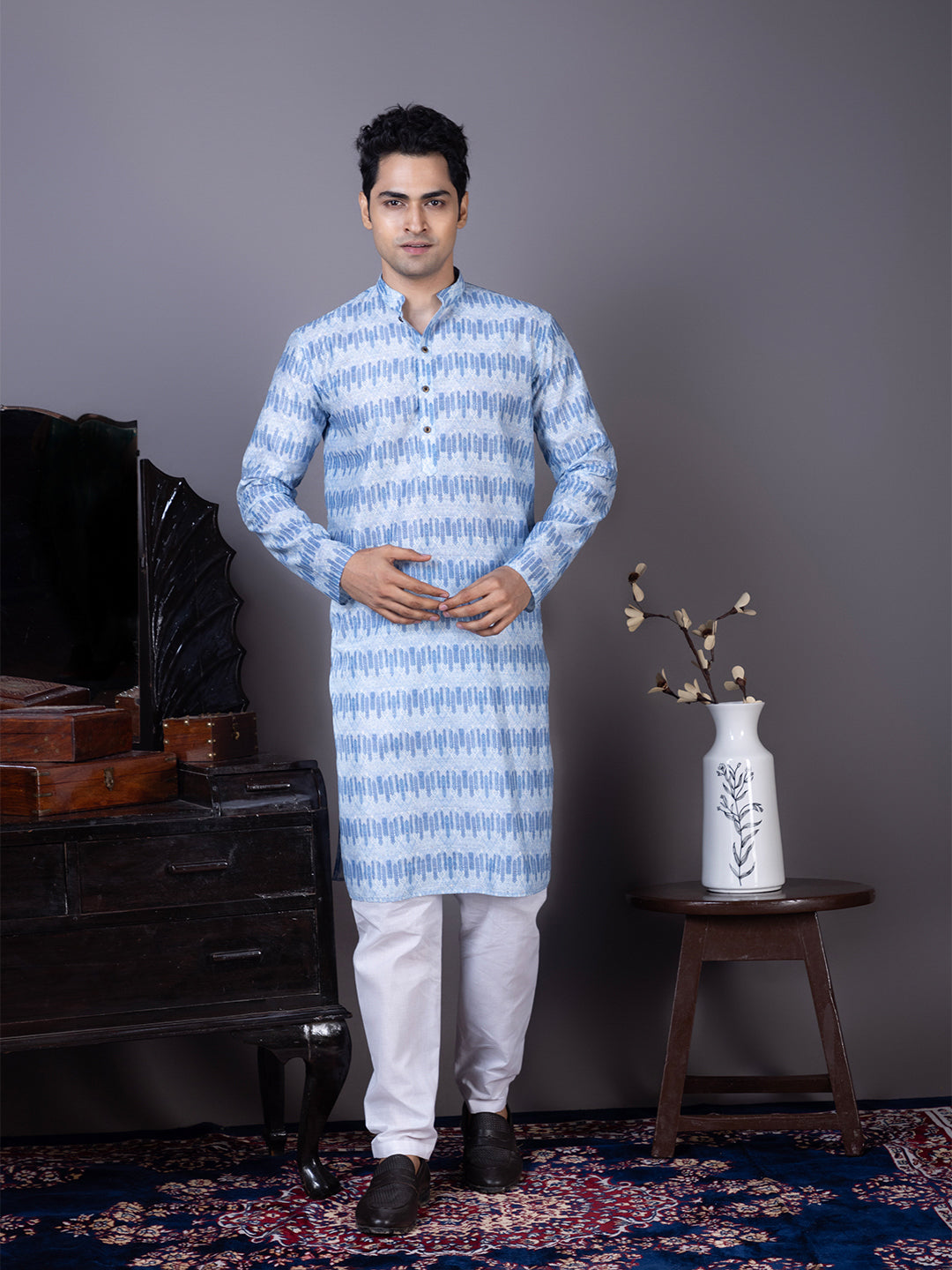 [SF] Men's Blue Printed with Sequins Work Cotton Kurta Set
