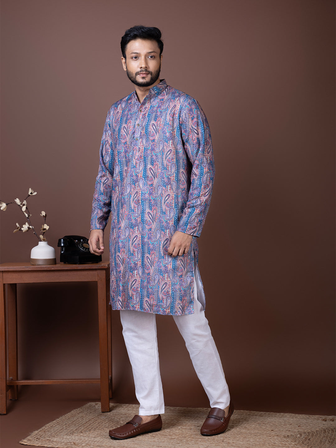 [KK-V1] Men's Purple Self Design Cotton Silk Kurta Set