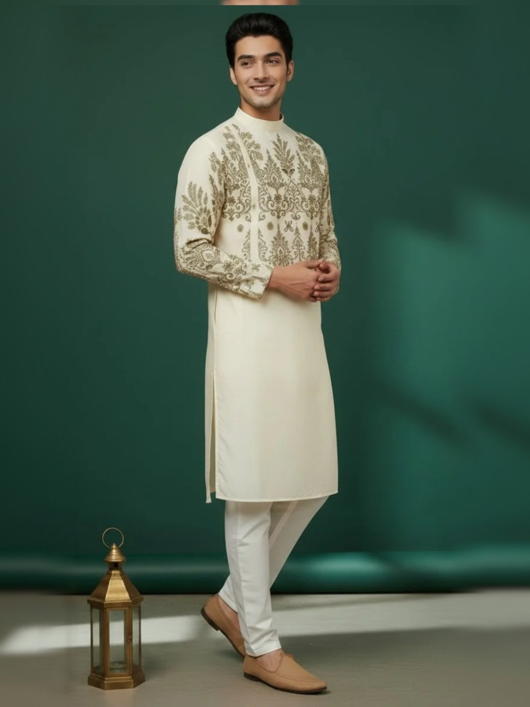 [MGSP-B] Men's Beige Ethnic Print Side Placket Cotton Kurta Set