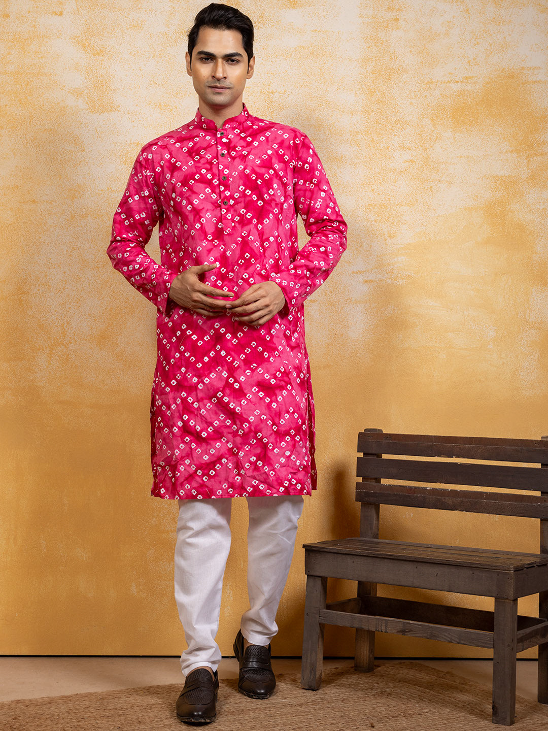 [RM] Men's Pink Bandhani Printed Pure Cotton Kurta Set
