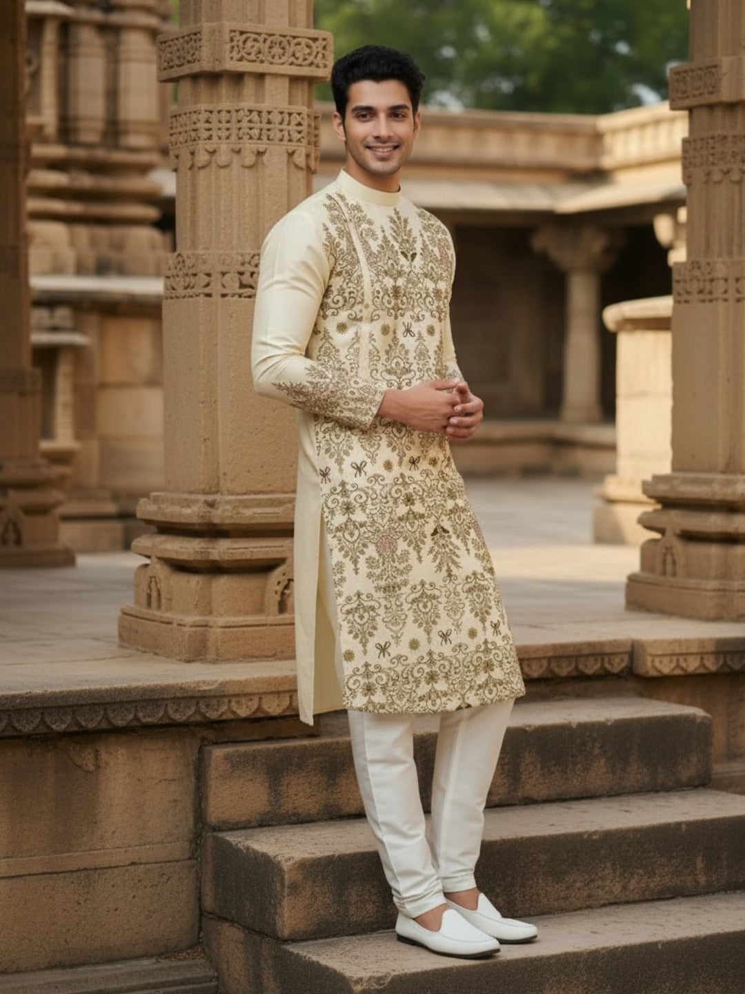 [MGSP-B] Men's Beige Ethnic Print Side Placket Cotton Kurta Set
