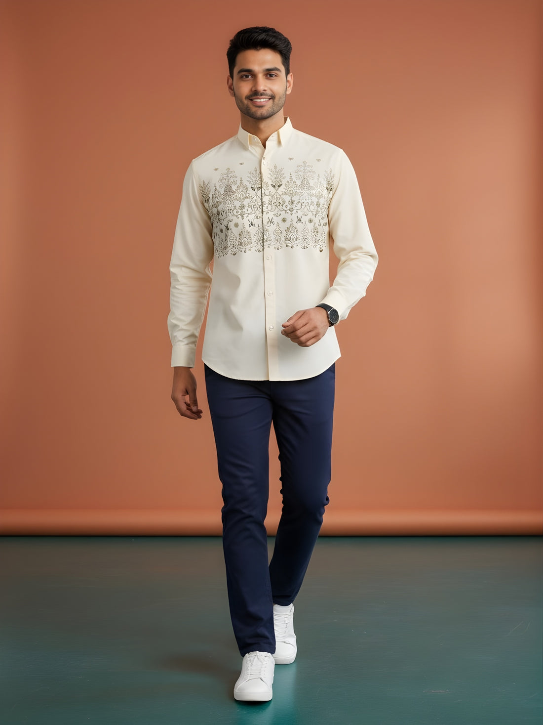 [DS-MGSP] Men's Beige Ethnic Printed Cotton Shirt