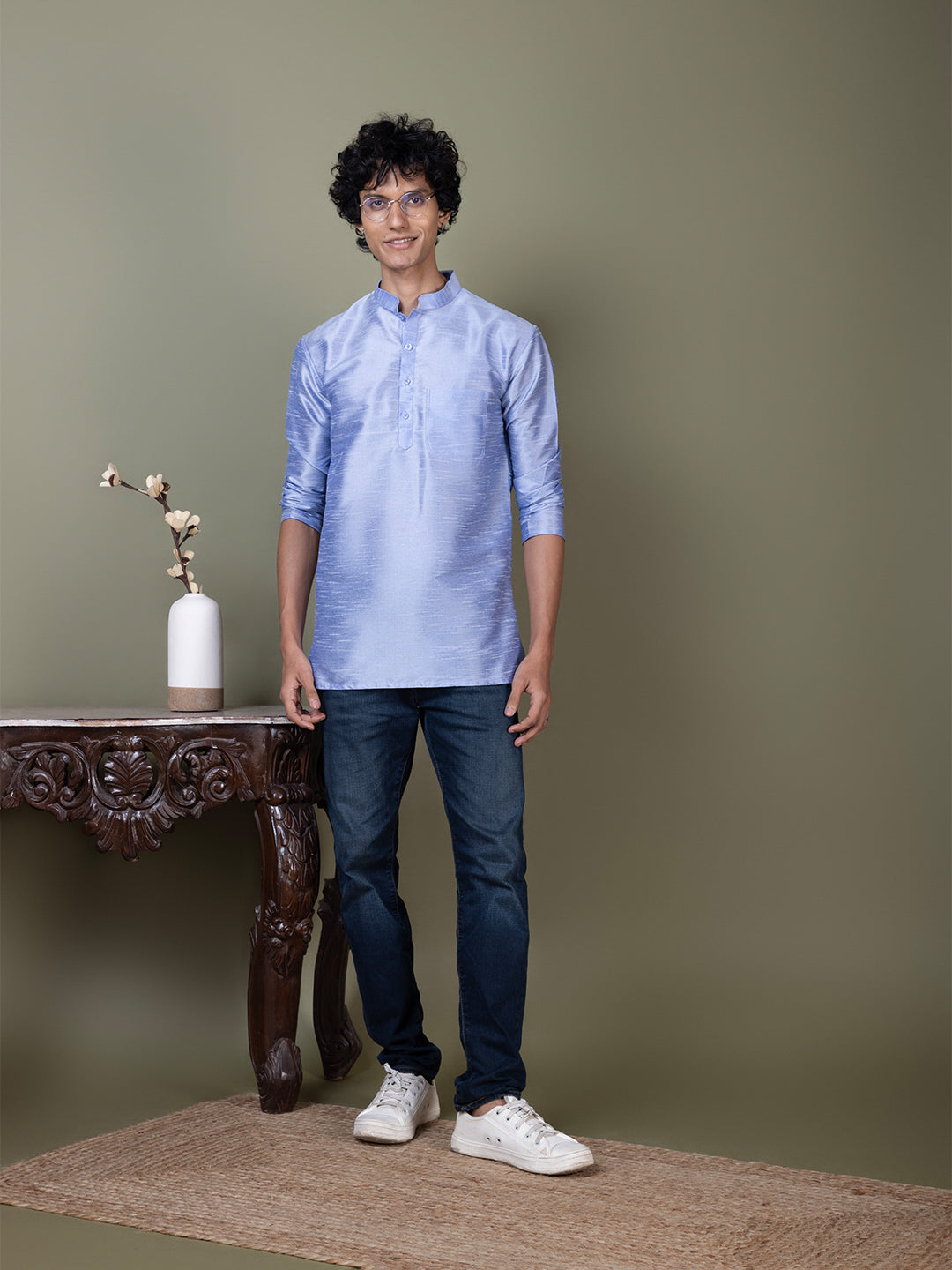 [DPS] Men's Beige Solid Art Silk Short Kurta
